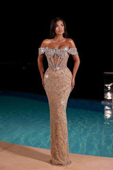Suzhoufashion Champagne Formal Dress Off the Shoulder Tulle Corset Prom Dress with Rhinestones
