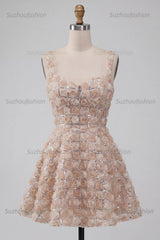 Suzhoufashion Champagne Sequin A-Line Short Homecoming Dress with 3D Flowers