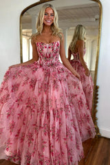 Suzhoufashion Charming A-Line Pink Strapless Long Print Tulle Prom Party Dress Formal Evening Gown