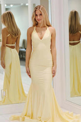 Suzhoufashion Charming Mermaid Deep V Neck Yellow Long Prom Dress With Backless Formal Evening Gown