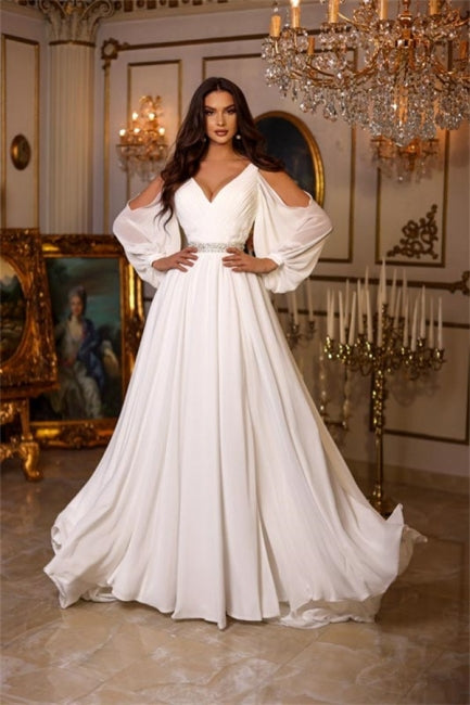 Suzhoufashion Charming Summer Chiffon A-line V-neck Beach Wedding Dresses With Long Sleeves