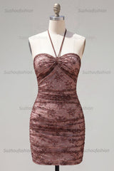 Suzhoufashion Chocolate Brown Halter Beaded Ruched Tight Short Homecoming Dress