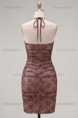 Suzhoufashion Chocolate Brown Halter Beaded Ruched Tight Short Homecoming Dress