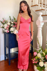 Suzhoufashion Classic Sheath Spaghetti Straps Candy Pink Long Prom Dress With Ruched Formal Evening Gown