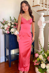 Suzhoufashion Classic Sheath Spaghetti Straps Candy Pink Long Prom Dress With Ruched Formal Evening Gown