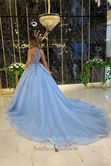 Suzhoufashion Classy Long Blue A-line Halter Sleeveless Beading Evening Gowns With Glitter