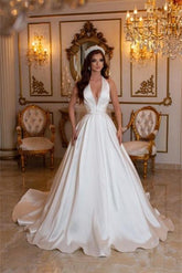 Suzhoufashion Classy Long Ivory A-line V-neck Sleeveless Satin Wedding Dresses