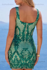 Suzhoufashion Dark Green Square Neck Sequin Tight Short Homecoming Dress