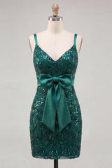 Suzhoufashion Dark Green Tight Sequin Short Homecoming Dress with Bow