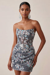 Suzhoufashion Dark Grey Floral Draped Corset Strapless Tight Short Homecoming Dress