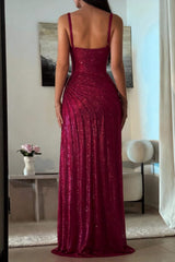 Suzhoufashion Dark Red Glitter Bodycon Homecoming Dress With Sweetheart Neck Spaghetti Straps Ruched Side Slit Formal Evening Gown