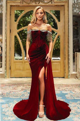 Suzhoufashion Designer Burgundy Velvet Long Prom Dresses Evening Gowns With Slit Off-the-shoulder