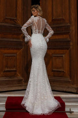 Suzhoufashion Designer V-neck Lace Wedding Dresses With Long Sleeves Long Mermaid