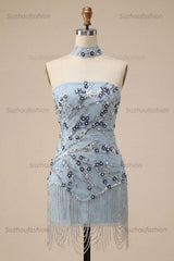 Suzhoufashion Dusty Blue Floral Fringed Sequins Tight Short Homecoming Dress