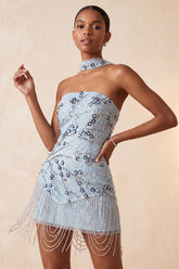 Suzhoufashion Dusty Blue Floral Fringed Sequins Tight Short Homecoming Dress