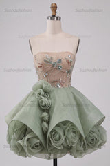 Suzhoufashion Dusty Sage Beaded A Line Corset Short Homecoming Dress with 3D Flowers