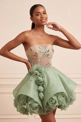 Suzhoufashion Dusty Sage Beaded A Line Corset Short Homecoming Dress with 3D Flowers