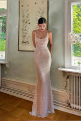 Suzhoufashion Elegant Light Champagne Sequin Bodycon Spaghetti Strap Prom Gown Formal Evening Gown