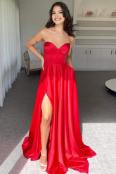 Suzhoufashion Elegant Red Sweetheart Satin A-Line Prom Dress With High Leg Slit Formal Evening Gown