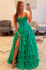Suzhoufashion Emerald Green Sweetheart Corset Prom Dress With Tiered Ruffles And High Slit Formal Evening Gown