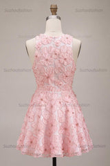 Suzhoufashion Floral Beaded Pink A Line Round Neck Short Homecoming Dress