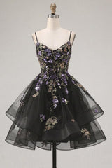 Suzhoufashion Floral Black A-Line Ruffled Short Corset Homecoming Dress