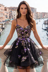 Suzhoufashion Floral Black A-Line Ruffled Short Corset Homecoming Dress