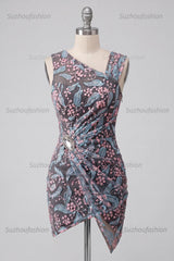 Suzhoufashion Floral Black Ruched Tight Short Homecoming Dress with Rhinestone