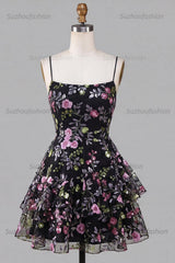 Suzhoufashion Floral Black Ruffled A Line Tiered Short Homecoming Dress