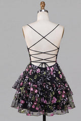 Suzhoufashion Floral Black Ruffled A Line Tiered Short Homecoming Dress