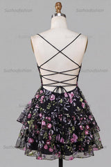 Suzhoufashion Floral Black Ruffled A Line Tiered Short Homecoming Dress