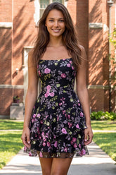 Suzhoufashion Floral Black Ruffled A Line Tiered Short Homecoming Dress