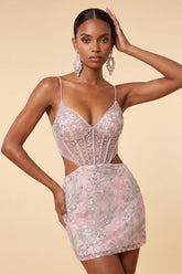 Suzhoufashion Floral Blush Corset Tight Cut Out Short Homecoming Dress