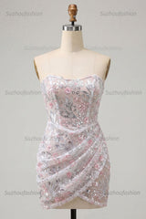 Suzhoufashion Floral Blush Corset Tight Ruched Sequins Short Homecoming Dress
