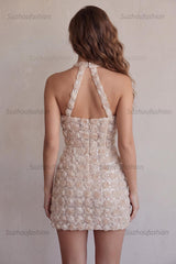 Suzhoufashion Floral Champagne Sequin Tight Short Corset Homecoming Dress