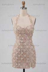 Suzhoufashion Floral Champagne Sequin Tight Short Corset Homecoming Dress