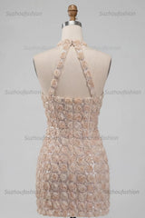 Suzhoufashion Floral Champagne Sequin Tight Short Corset Homecoming Dress