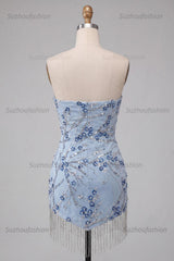 Suzhoufashion Floral Dusty Blue Tight Sequins Short Homecoming Dress with Fringes