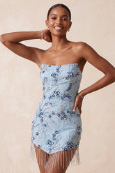 Suzhoufashion Floral Dusty Blue Tight Sequins Short Homecoming Dress with Fringes