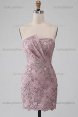 Suzhoufashion Floral Fog Lace Strapless Tight Short Beaded Homecoming Dress