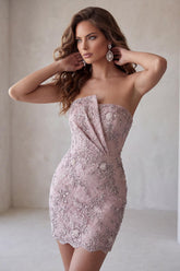Suzhoufashion Floral Fog Lace Strapless Tight Short Beaded Homecoming Dress