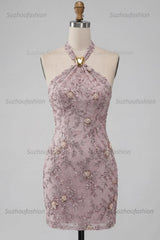 Suzhoufashion Floral Halter Fog Tight Short Beaded Homecoming Dress