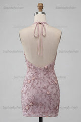 Suzhoufashion Floral Halter Fog Tight Short Beaded Homecoming Dress