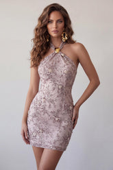 Suzhoufashion Floral Halter Fog Tight Short Beaded Homecoming Dress