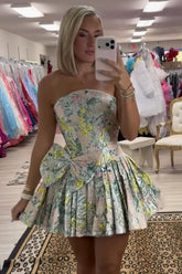Suzhoufashion Floral Light Green Corset Strapless Short Homecoming Dress with Bow