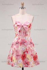 Suzhoufashion Floral Pink A Line Corset Short Homecoming Dress with Bow