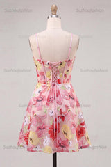 Suzhoufashion Floral Pink A Line Corset Short Homecoming Dress with Bow