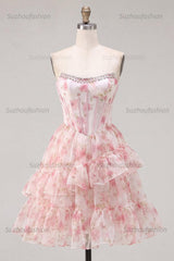 Suzhoufashion Floral Pink Beaded Short Corset Homecoming Dress with Ruffles