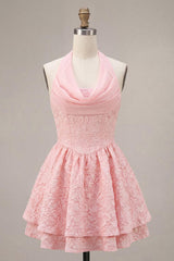 Suzhoufashion Floral Pink Halter Jacquard A-Line Short Homecoming Dress