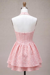 Suzhoufashion Floral Pink Halter Jacquard A-Line Short Homecoming Dress